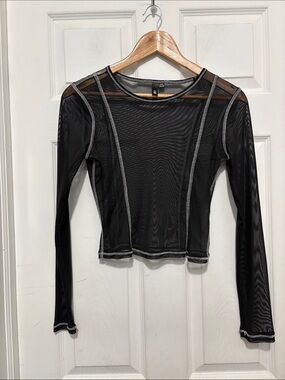 Garage Sheer Black Long-Sleeve Mesh Top with Contrast Stitching